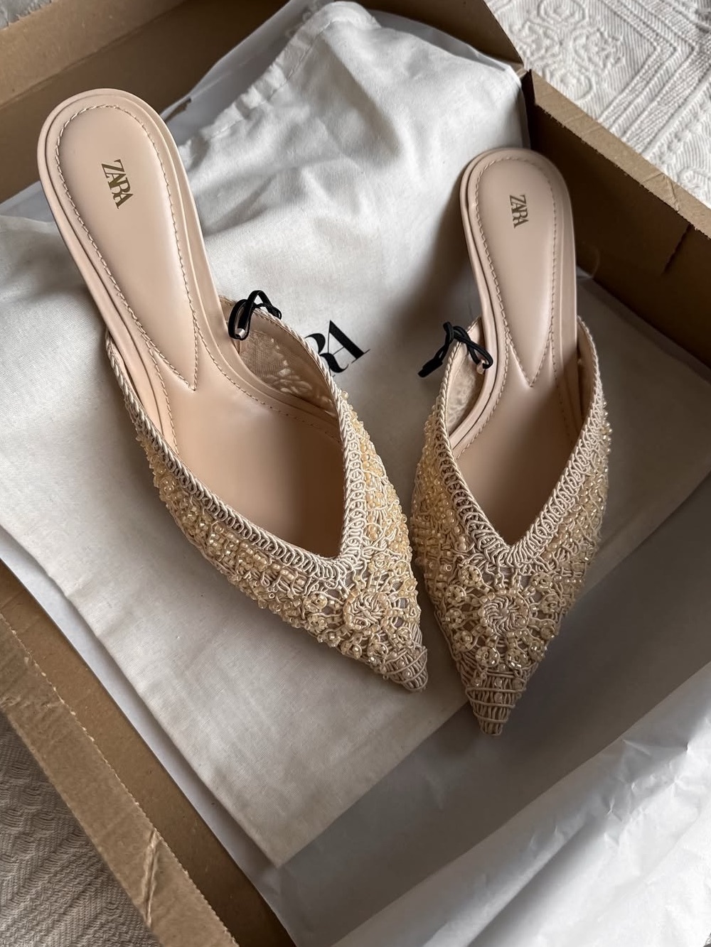 Zara Beige Crochet & Bead Pointed Mules